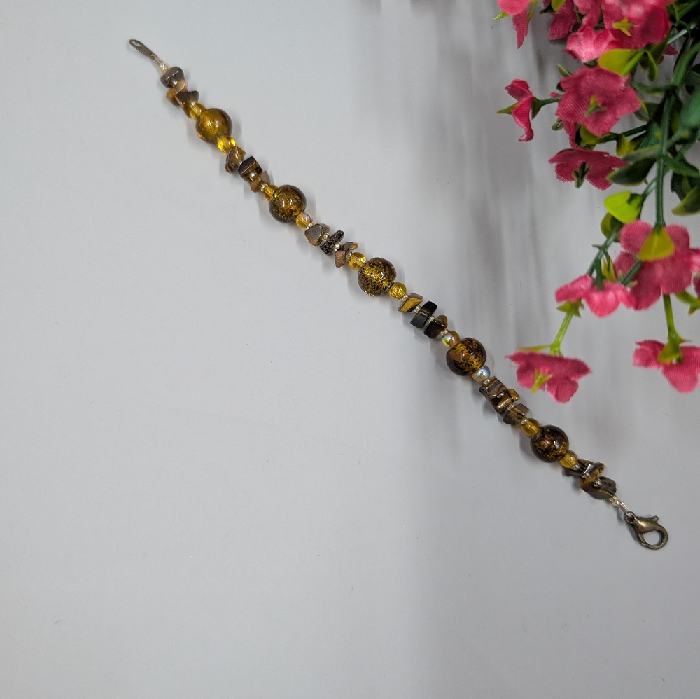 Genuine Tigers Eye And Amber Crystal Vintage Beaded Bracelet
